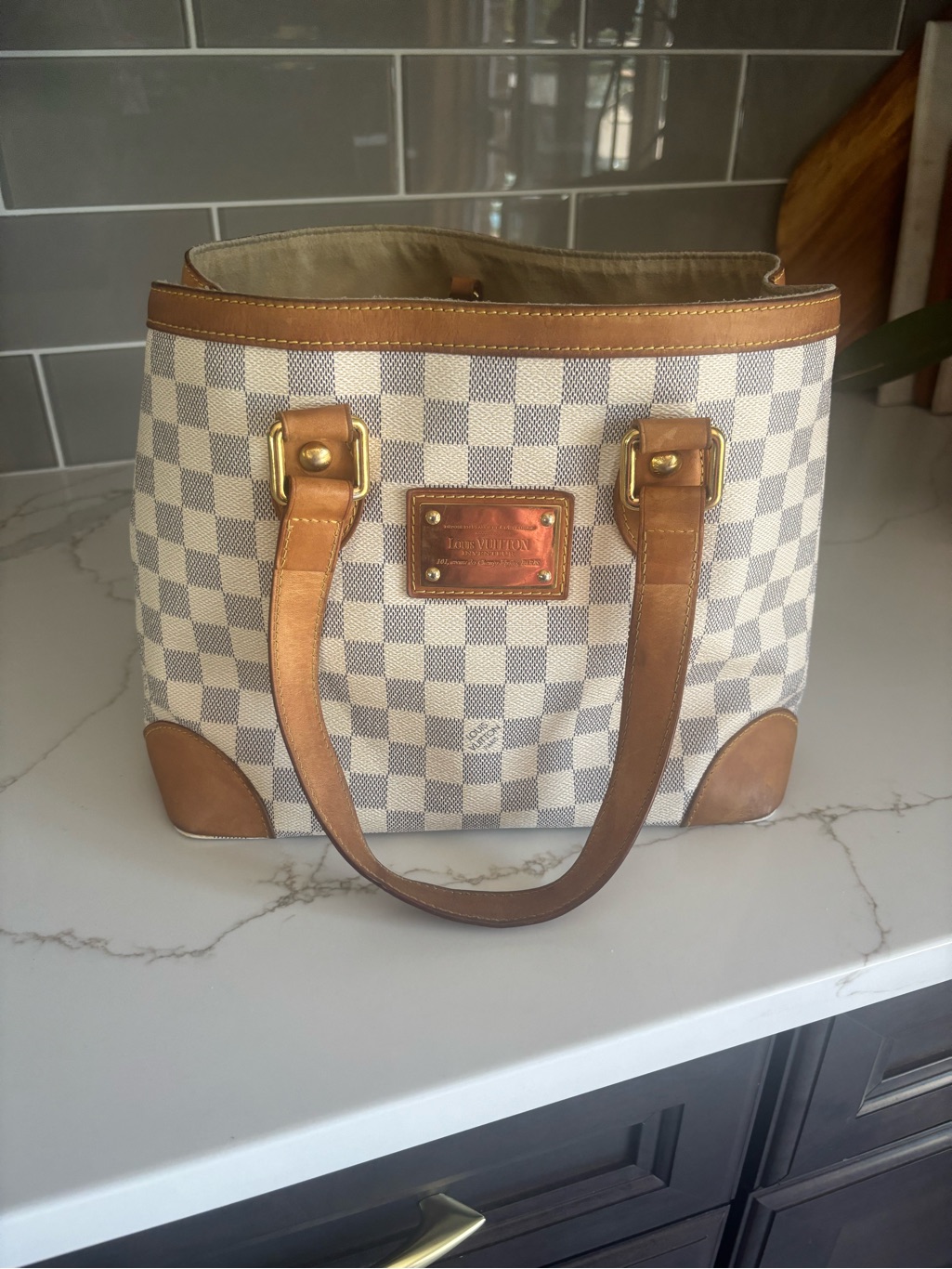 Louis Vuitton Damier Azur Canvas Tote In White And Brown Leather